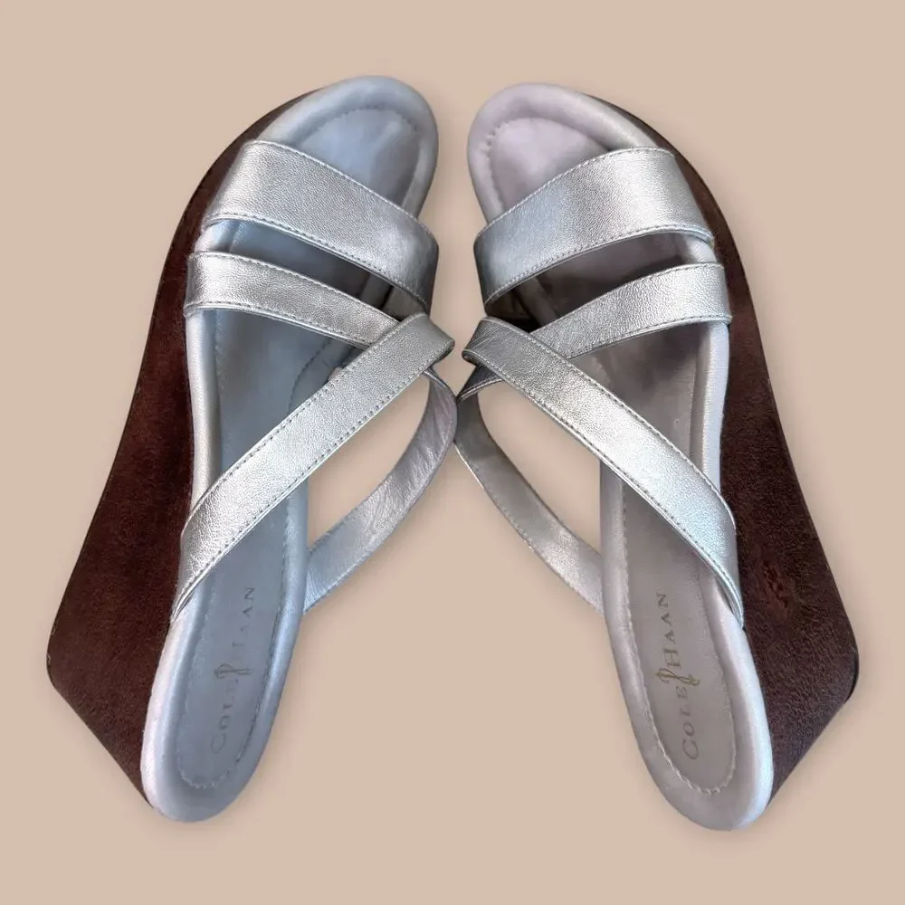 Cole Haan Nike Air Leather Wedge Thong Sandals Slip On Womens Size 6.5B Silver